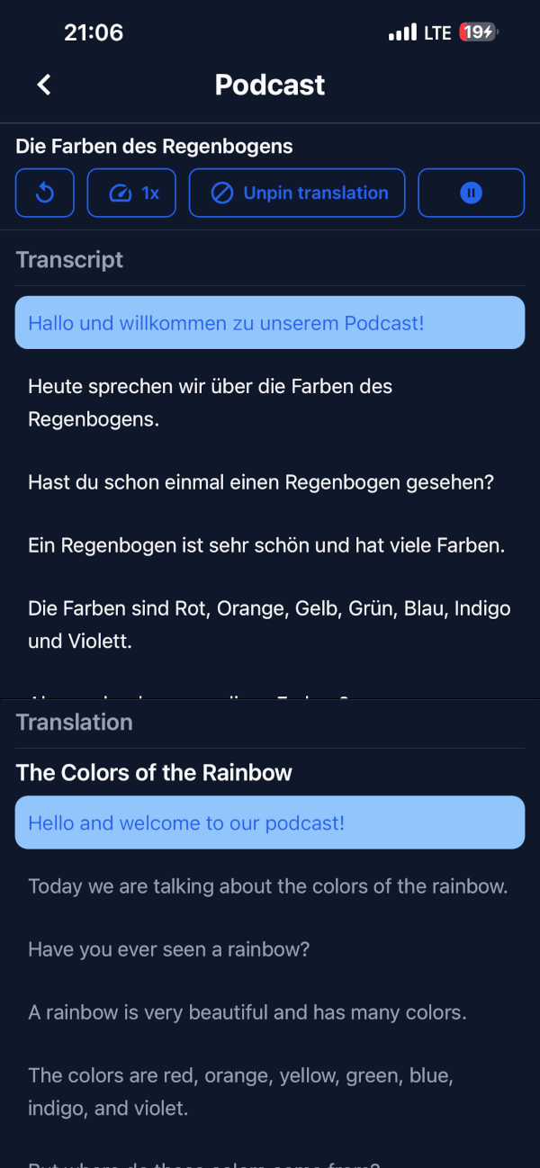 LinguPods podcast listen and playback screen
